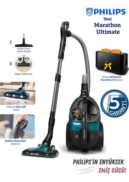 Kumandalı Kontrol Güçlü Emiş, LED Işıklı Başlık ve Hepa Filtre ile Tozdan Iz Bırakmaz-Turbo Halı Döver Başlıklı Toz Torbasız Süpürge