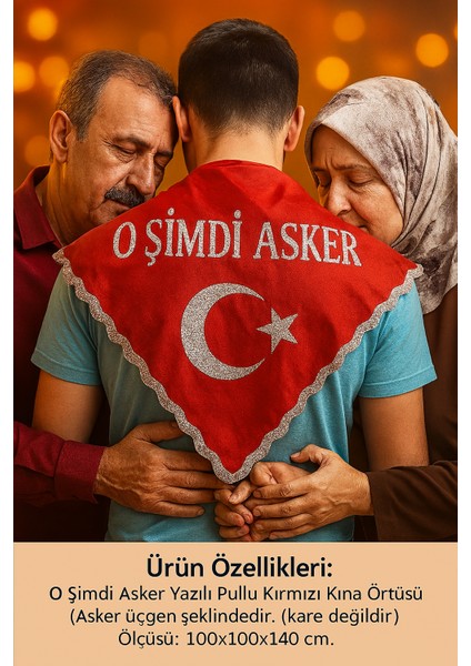 Bolat Avm ''o Şimdi Asker'' Yazılı Pullu Kına Örtüsü (Eldivenli) Kırmızı Renk (Üçgen Şeklinde) fırsatları