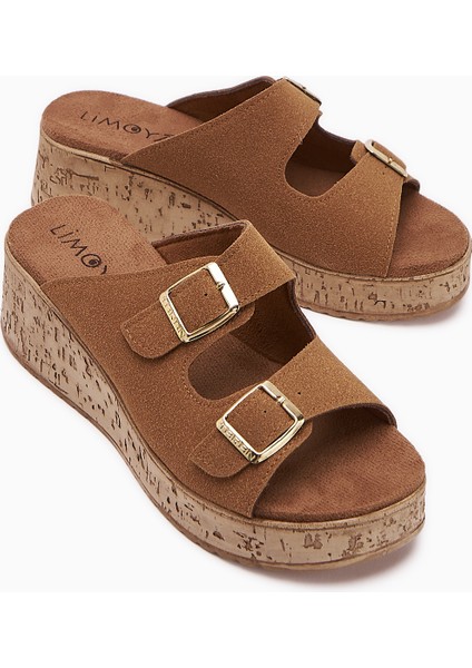 Samina Camel Çift Bantlı Dolgu Topuklu Kadın Terlik