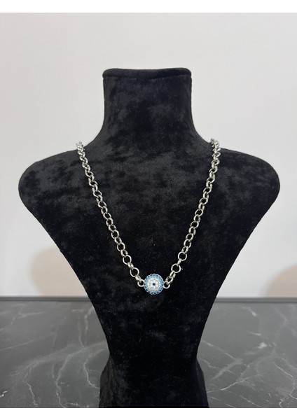 Paslanmaz Çelik Gümüş Renk Nazar Boncuklu Taşlı Kolye