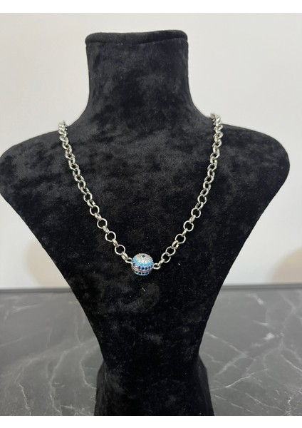 Paslanmaz Çelik Gümüş Renk Nazar Boncuklu Taşlı Kolye fiyatları