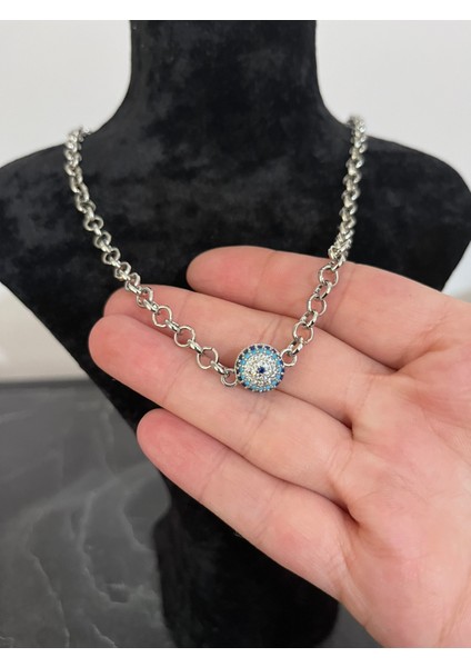 Paslanmaz Çelik Gümüş Renk Nazar Boncuklu Taşlı Kolye modelleri