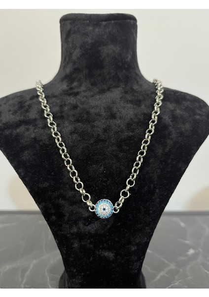 Paslanmaz Çelik Gümüş Renk Nazar Boncuklu Taşlı Kolye fırsatları