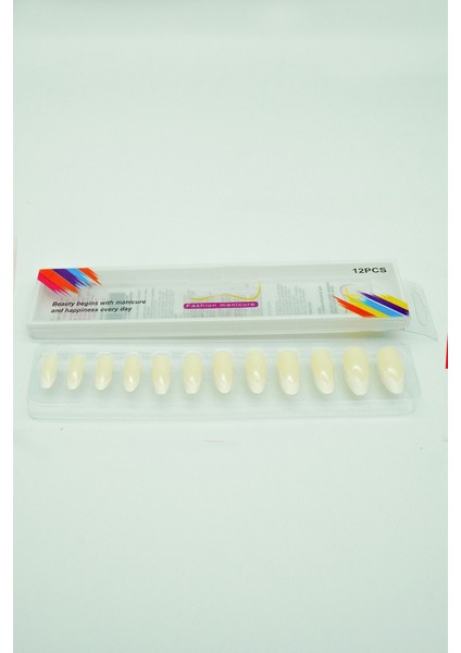 12 Adet Badem Tırnak Tak ve Çık Kendinden Yapışkanlı Takma Tırnak Krem