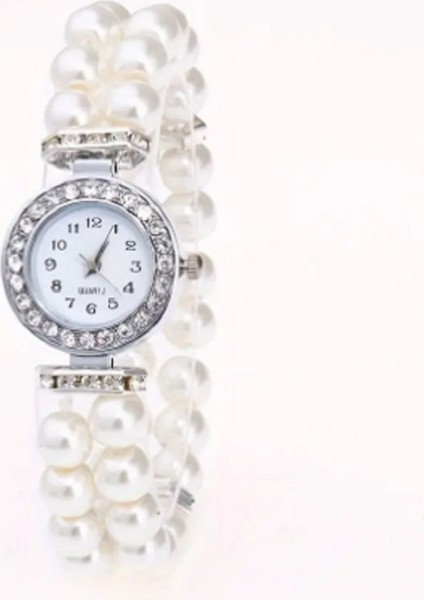 Beyaz Boncuk Kordonlu Kadın Şık Saat