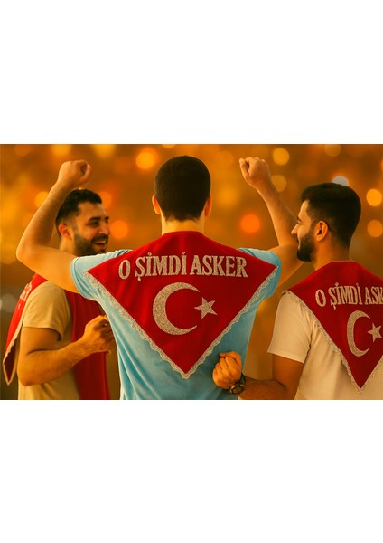 ''o Şimdi Asker'' Yazılı Pullu Kına Örtüsü (Eldivenli) Kırmızı Renk (Üçgen Şeklinde)