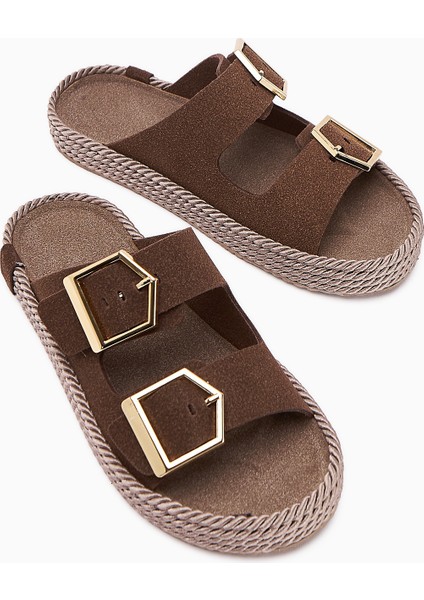 Horia Kahve Çift Bantlı Örgü Tabanlı Kadın Terlik