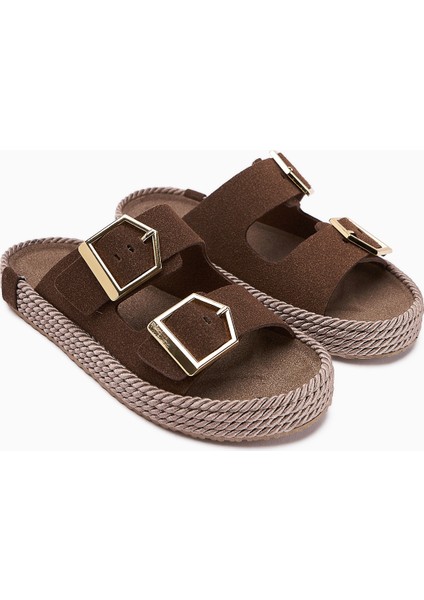 Horia Kahve Çift Bantlı Örgü Tabanlı Kadın Terlik modelleri