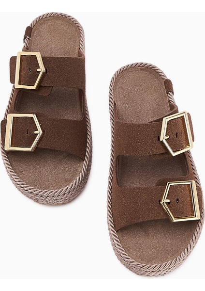 Horia Kahve Çift Bantlı Örgü Tabanlı Kadın Terlik fırsatları