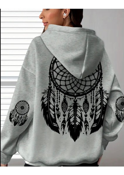 Büyük Beden Özel Tasarım Kapüşonlu Şiva Tüyleri Sırt Baskılı Oversize %100 Pamuk Modern Kadın Sweatshırt