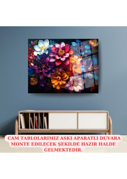 Renkli Çiçek Buketi Sanat Eseri Temperli Cam Tablo - Canlı Duvar Dekoru fiyatları