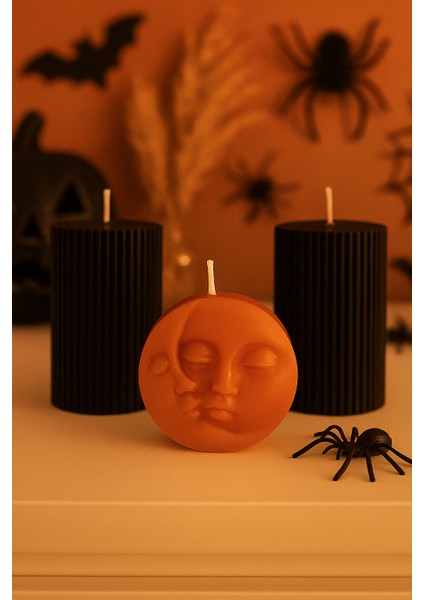 Likya Candle Ay & Güneş Yüzlü 3’lü Tasarım Mum Seti – El Yapımı Siyah & Turuncu Dekoratif Mum