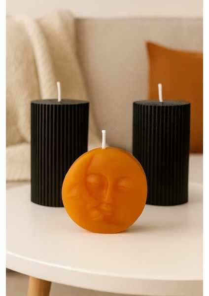 Likya Candle Ay & Güneş Yüzlü 3’lü Tasarım Mum Seti – El Yapımı Siyah & Turuncu Dekoratif Mum fiyatları