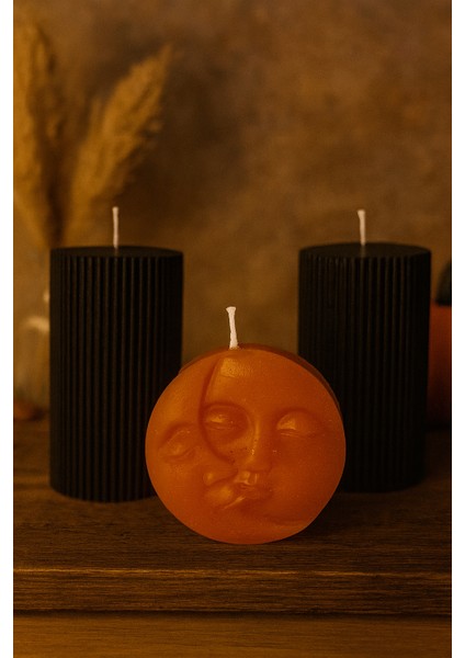 Likya Candle Ay & Güneş Yüzlü 3’lü Tasarım Mum Seti – El Yapımı Siyah & Turuncu Dekoratif Mum modelleri