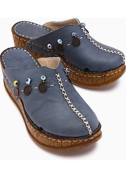 Annika Lacivert Antik Detaylı Hakiki Deri Dolgu Sabo Terlik