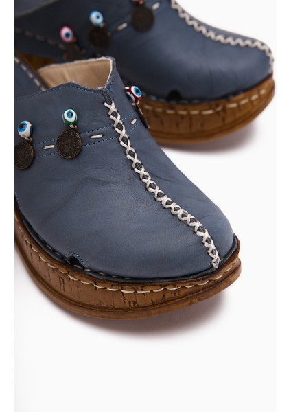 Annika Lacivert Antik Detaylı Hakiki Deri Dolgu Sabo Terlik modelleri