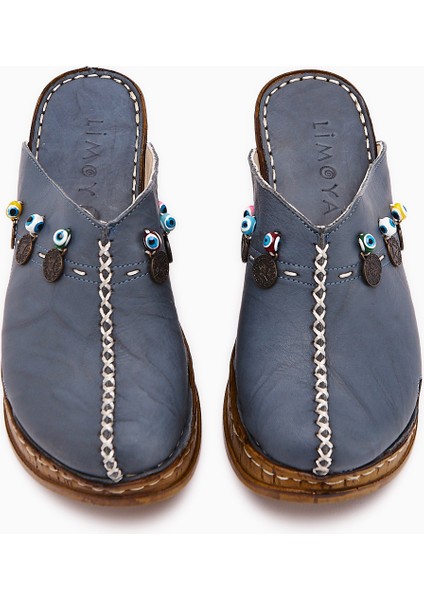 Annika Lacivert Antik Detaylı Hakiki Deri Dolgu Sabo Terlik fırsatları