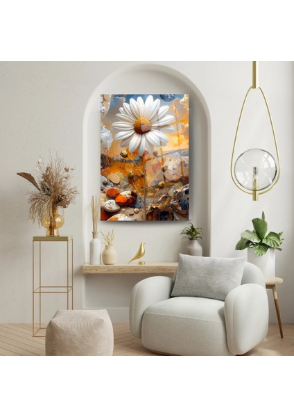 Dev Papatya Figürlü Soyut Doğa Manzarası Temperli Cam Tablo - Bahar Temalı Duvar Dekoru