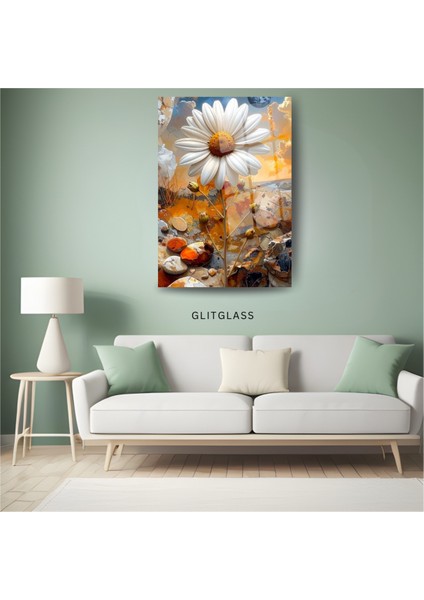 Dev Papatya Figürlü Soyut Doğa Manzarası Temperli Cam Tablo - Bahar Temalı Duvar Dekoru fiyatları