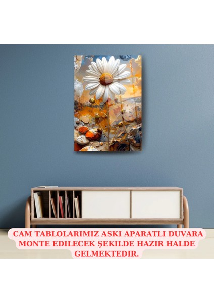 Dev Papatya Figürlü Soyut Doğa Manzarası Temperli Cam Tablo - Bahar Temalı Duvar Dekoru fırsatları