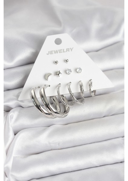 Bfs Pirinç Gümüş Renk Halka Modelli 6 Çift Kadın Küpe