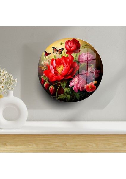 Yuvarlak Cam Tablo: Zarif Çiçekler ve Kelebek Dokunuşu
