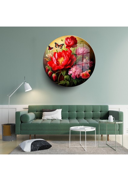 Yuvarlak Cam Tablo: Zarif Çiçekler ve Kelebek Dokunuşu fiyatları