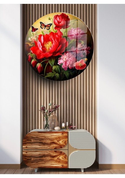 Yuvarlak Cam Tablo: Zarif Çiçekler ve Kelebek Dokunuşu modelleri