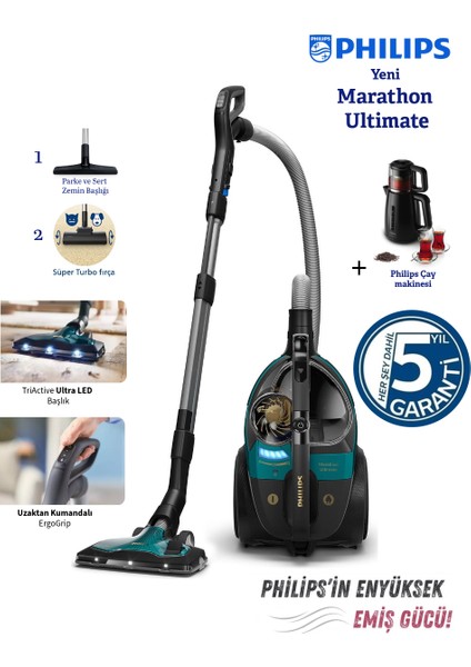 XB9185 + Turbo Başlıklı Marathon Ultimate Toz Torbasız Süpürge– Hepa 13 Filtre, Powercyclone 10, Toz Bulutu Olmadan Hazne Boşaltma, Sessiz Güçlü Performans