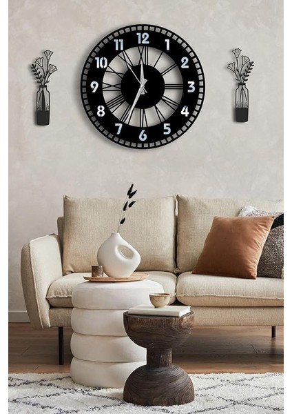 Modern Dekoratif Gümüş Aynalı Duvar Saati Vazo Desenli Tablo Seti - 48CM Yuvarlak Ahşap Pilli Saat Gümüş 48 x 48