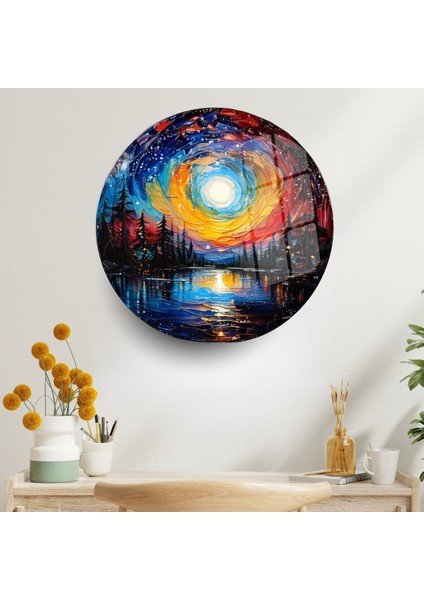 Cam Tablo: Ay Işığında Renkli Göl ve Gökyüzü Yansıması