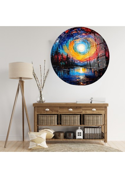 Cam Tablo: Ay Işığında Renkli Göl ve Gökyüzü Yansıması fiyatları
