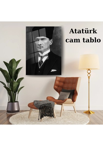 Gazi Mustafa Kemal Atatürk Resmi Portre Siyah Beyaz Dekoratif Cam Tablo modelleri