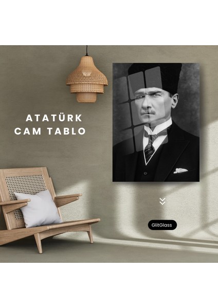 Gazi Mustafa Kemal Atatürk Resmi Portre Siyah Beyaz Dekoratif Cam Tablo fırsatları