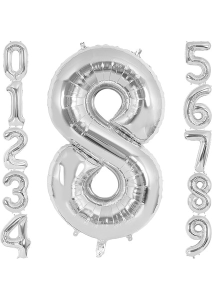 8 Rakamı Doğum Günü Balonu Yaş Günü Gümüş Renk Uçan Balon 102 cm Doğum Günü ve Parti Dekorasyonu Büyük Boy Folyo Helyum Uçan Balon Yaş 8 Sayısı