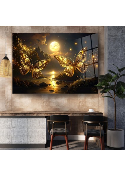 Cam Tablo Altın Kanatlar: Ay Işığında Parlayan Kelebekler