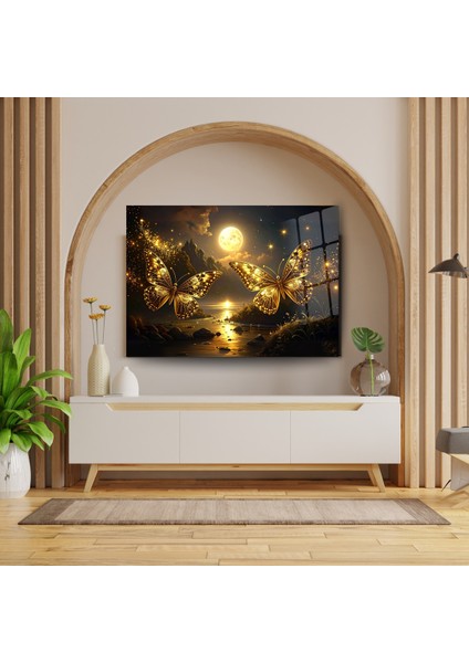 Cam Tablo Altın Kanatlar: Ay Işığında Parlayan Kelebekler fiyatları