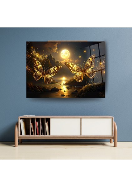 Cam Tablo Altın Kanatlar: Ay Işığında Parlayan Kelebekler fırsatları