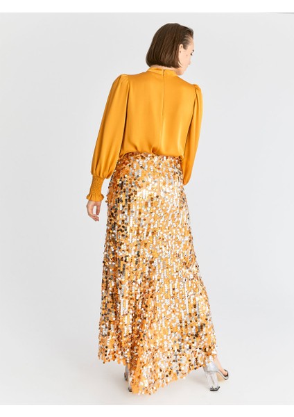 Yırtmaçlı Payetli Uzun Etek Turuncu K2015067_064