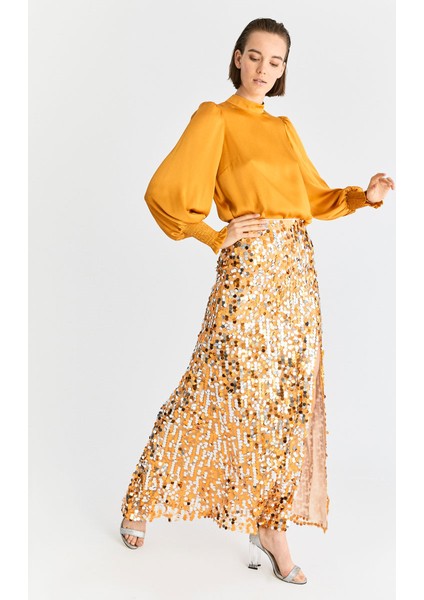 Yırtmaçlı Payetli Uzun Etek Turuncu K2015067_064 fiyatları