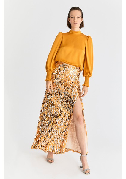 Yırtmaçlı Payetli Uzun Etek Turuncu K2015067_064 modelleri