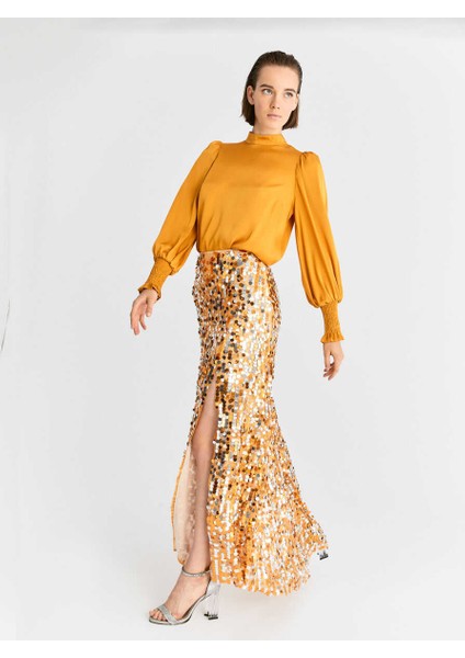 Yırtmaçlı Payetli Uzun Etek Turuncu K2015067_064 indirimleri