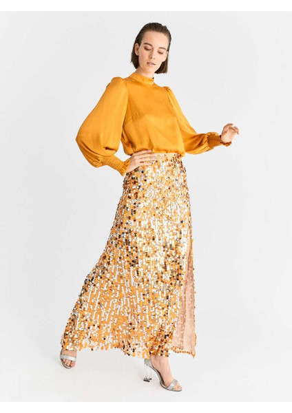 Yırtmaçlı Payetli Uzun Etek Turuncu K2015067_064