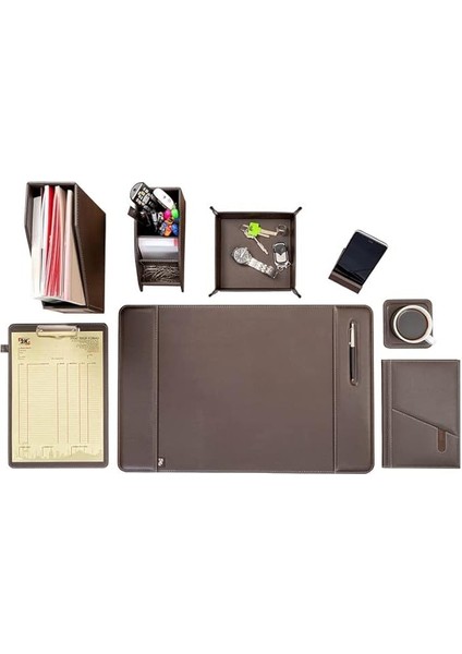 Sümen Takımı Masaüstü Suni Deri Hediyelik Set 8 Parça Kahverengi