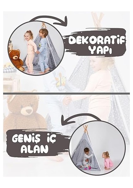 Lemoon Çocuk Kızılderili Ahşap Direkli Geniş Oyun Çadırı ve Minderli Ev & Bahçe Oyun Alanı Minderli Çocuk Araç Gereçleri (Gri) fırsatları