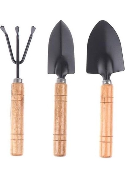 Parça Bahçe Dikme Seti Mini Saksı Hobi Seti Ahşap Saplı 18 cm Kürek Tırmık Seti