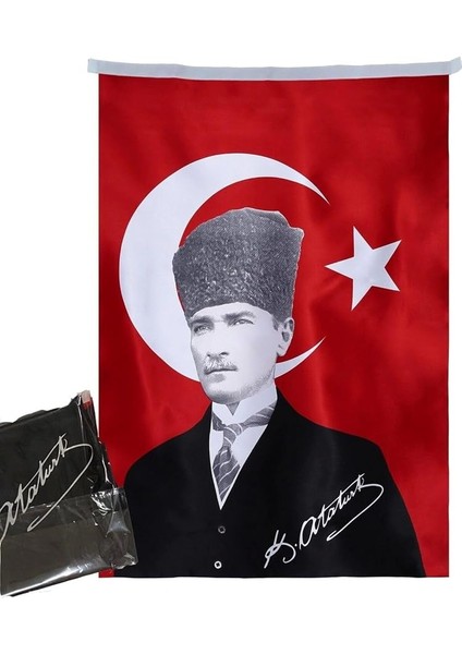 Türk Bayrağı Kalpaklı Atatürk Fotoğraflı Türkiye Bayrağı 70X105 cm