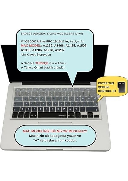 Macbook Air Pro Klavye Koruyucu (Türkçe Q) Ombre (Eski Usb’li Model 2008/2017 Yılı) ile Uyumlu Siyah Gri fiyatları