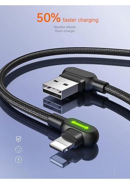 LED 90 Derece Şarj Kablosu Açılı USB Kablosu Açılı Naylon Örgülü Hızlı Şarj Cihazı Veri Senkronizasyon L Şeklinde Kablo Adaptörü iPhone x 8 7 6 Plus Pad Pod (1,8 M) ile Uyumlu fiyatları