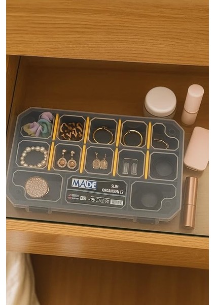 Made Slim Organizer 12 Bölmeli, Şeffaf, Düzenleyici Kutu, Polipropilen Malzeme, Çekmece Içi ve Masaüstü Kullanım Için, Hafif Taşınabilir, Saklama Kutusu indirimleri
